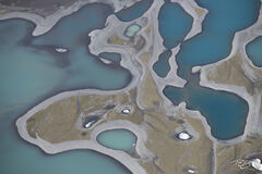An aerial photograph of glacial lakes in the Icelandic Highlands