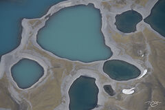 An aerial photograph of glacial lakes in the Icelandic Highlands