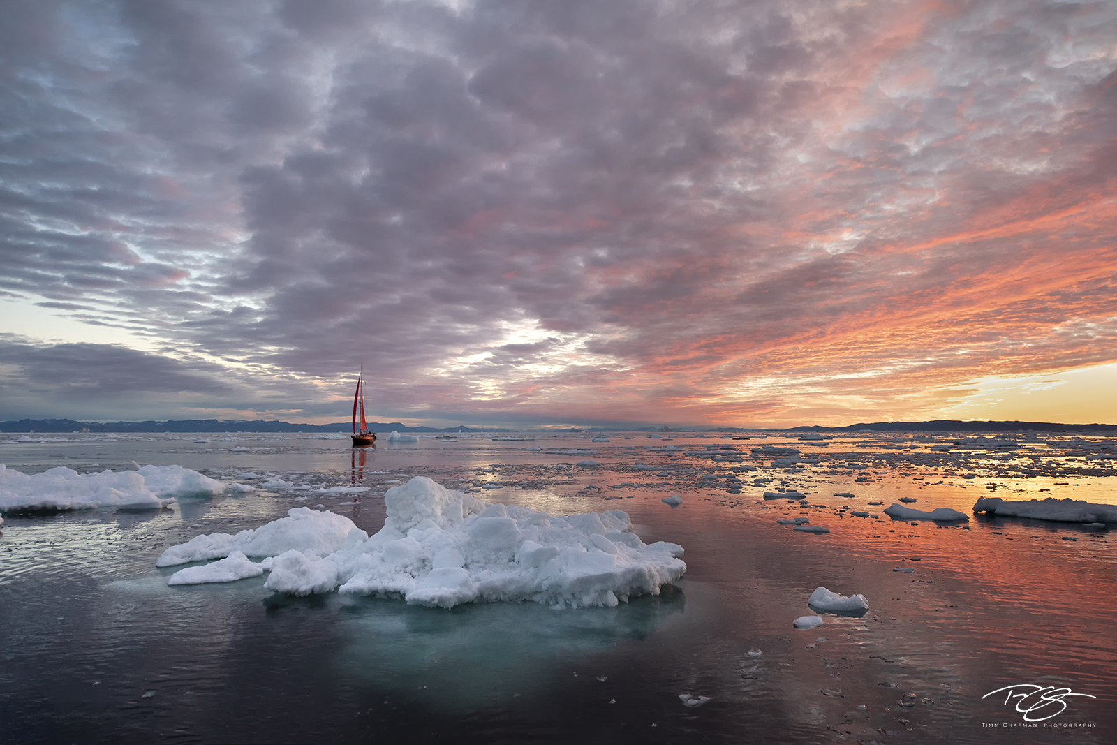 Arctic Watercolours A sailboat navigates the ice-choked Disko Bay at Dawn