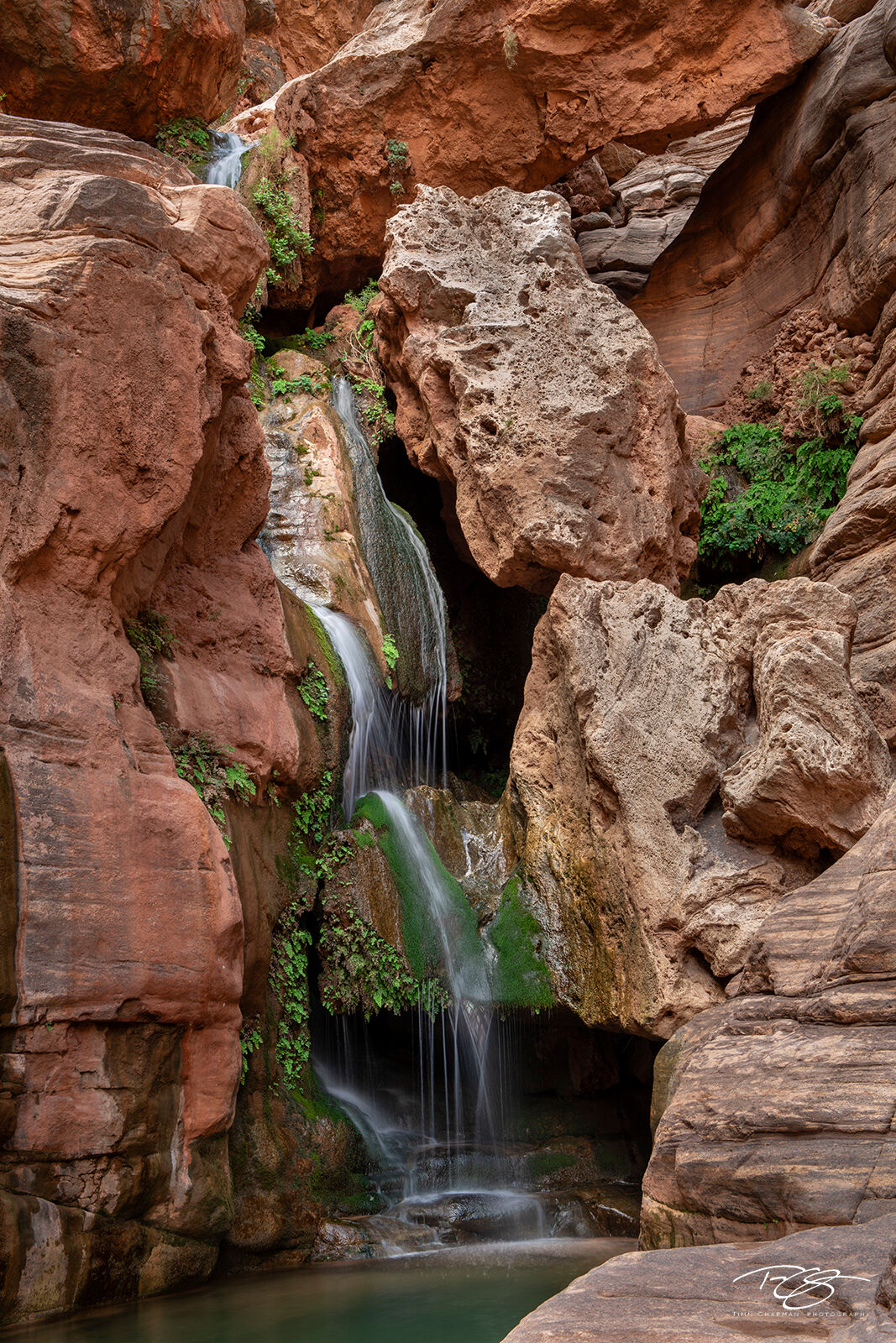 Canyon Oasis Inside Grand Canyon there’s a small side canyon up Royal Arch Creek where a miniature waterfall stair-steps down a shelf...