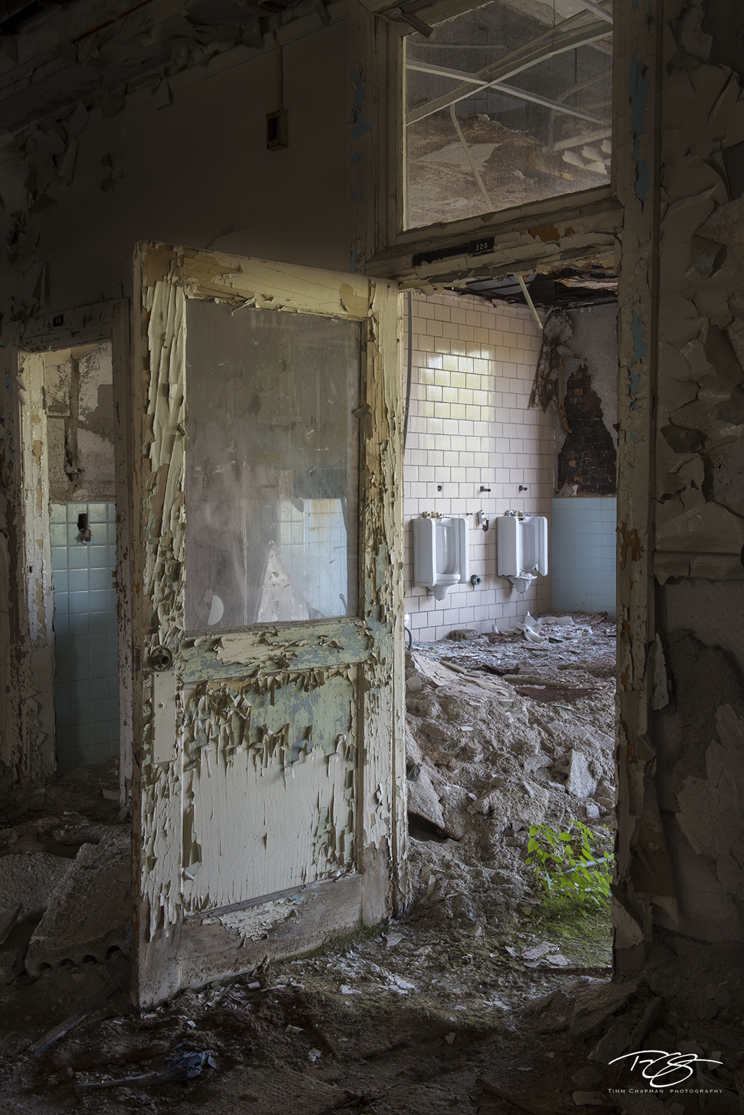 The Rest Room The collapse of the roof over this school has deposited debris while the exposure to the elements has begun the process of reclamation...